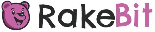 Логотип RakeBit с фиолетовым медведем и текстом.